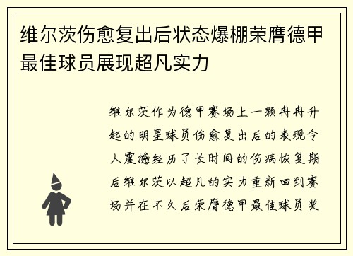 维尔茨伤愈复出后状态爆棚荣膺德甲最佳球员展现超凡实力 维尔茨伤愈复出后状态爆棚荣膺德甲最佳球员展现超凡实力
