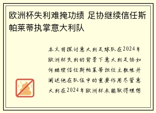 欧洲杯失利难掩功绩 足协继续信任斯帕莱蒂执掌意大利队